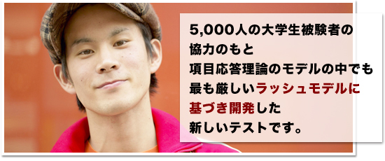 6,000人の大学生被験者の協力のもと項目応答理論のモデルの中でも最も厳しいラッシュモデルに基づき開発した新しいテストです。